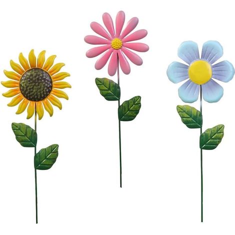 Juego de 3 decoraciones de girasoles para jardín - Decoración para exteriores - Escultura de metal - Flores decorativas coloridas para uso interior o exterior - Para patio, entrada de vehículos, céspe