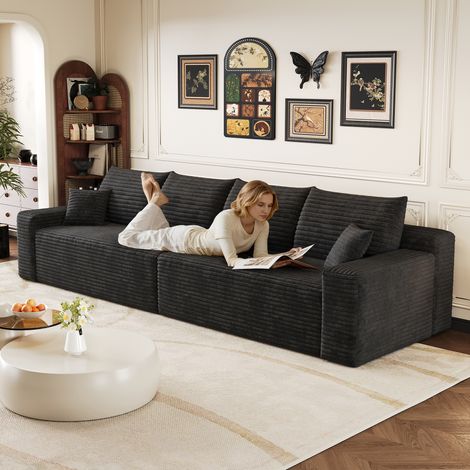 Canapé convertible XL 4 places en velours côtelé, canapé droit effet cloud sans montage avec assise large pour salon Noir, 302 x 91 x 58 cm