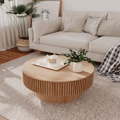 75cm Round Coffee Table with Storage Solid Wood Veneered Modern Coffee Table Accent Tea Table for Living Room, Bedroom, Apartment or Office, Natural Wood (1/5)