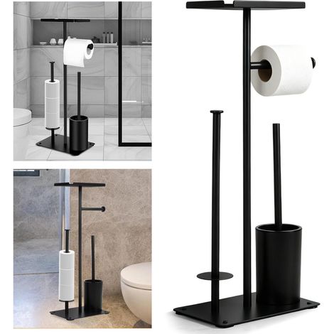 Porte-Papier Toilette sur Pied Acier Inoxydable avec intégrée Ensemble Comprenant Un Support Porte Rouleau Debout en Acier Inoxydable,Toilette et Une boîte Toilette avec Brosse WC(Noir Mat)