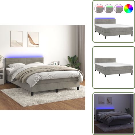 Boxspringbett mit Matratze & LED Hellgrau 140x190 cm Samt - Boxspringbett - Samtbett - Doppelbett - LED Beleuchtung - Matratze (1/5)