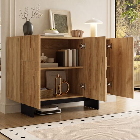 Meuble TV 105x33,5x76 cm en MDF et bambou naturel et noir, avec rangement pour salon FloraGrace (1/5)