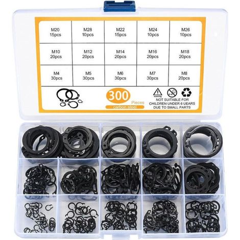 300 Pièces E-clips Kit Anneau de Retenue Externe, Assortiment Circlips Snap, Bagues d'arrêt Circlips, M4-M28 (1/4)