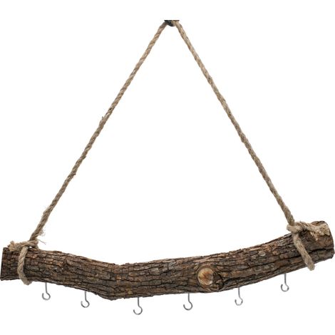 Holzast massiv zum Hängen mit 6 Haken zum Dekorieren - 56 cm - Massivholz Stange Wanddeko Hänger mit Naturkordel