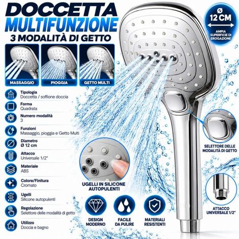 Soffione Doccia Doccetta a 3 Getti in ABS 12cm universale 1/2" Cromato in ABS (1/5)