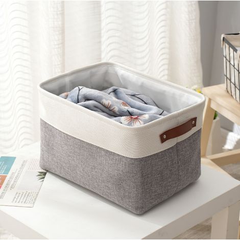 Panier de rangement sans couvercle renforcé en coton‑lin EVA, panier de rangement grand volume avec poignées en simili‑cuir, pour vêtements, pantalons, linges, 40×30×25 cm, gris‑écru bicolore (1/5)