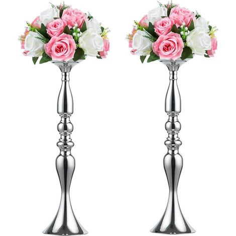 Metal Vase for Wedding Centerpieces Table Decoration-Artificial Flower Arrangement-Pillar Candle Holder Stand Set for Wedding Party Centerpiece Table Home Decor-2 Pcs -Silver (1/5)