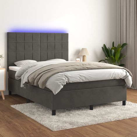 Lit Adulte - Sommier tapissier matelas et LED - Ensemble de lit tapissier - Chambre Intérieur - Gris foncé 140x200 cm Velours DETHB83403 (1/5)