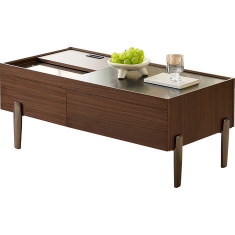 Couchtisch mit 2 Schubladen, Schiebeplatte und Glasplatte, Industrie Stil, aus MDF, 105×50×41,5 cm, Dunkelbraun (1/5)