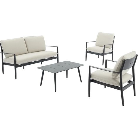Salotto da giardino in alluminio: un divano a 2 posti, 2 poltrone e 1 tavolino Antracite con cuscini beige - TAVINYA di MYLIA (1/5)