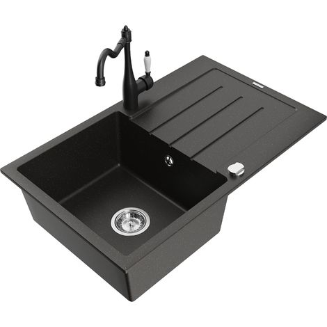 Mexen Bruno lavello in granito a 1 vasca con scolapiatti e rubinetto da cucina Carla, nero/oro metallizzato - 6513-75-670700-70 (1/5)