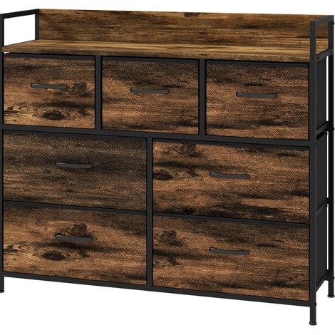 Cómoda con 7 cajones de tela y sistema antivuelco, acero y MDF, marrón (1/5)