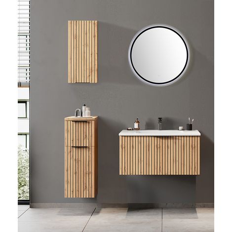 Badmöbel Set 4-teilig inkl. Waschtisch 80cm in Eiche, Fronten gestreift, LIVINGSTON-03 (1/5)