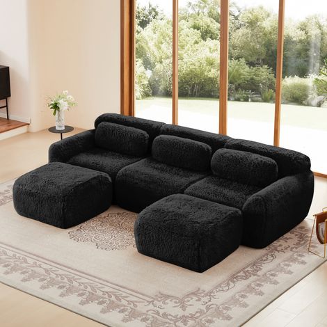 Divano modulare a U per 2-4 persone, 3 cuscini, tessuto di peluche di alta qualità, schiuma ad alta resilienza, non richiede montaggio, nero (1/5)