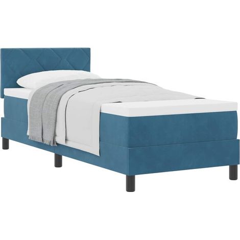 Matelas à ressorts avec tête de lit, bleu foncé, 80 x 200 cm, tissu velours. (1/5)