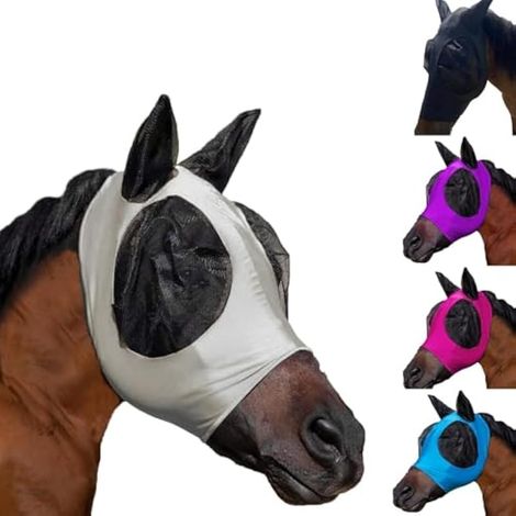 Masque anti-mouches pour chevaux avec oreilles, confortable, masques anti-mouches pour chevaux, taille complète, lycra respirant et élastique, protection UV et insectes, grand avec garniture en maille (1/5)