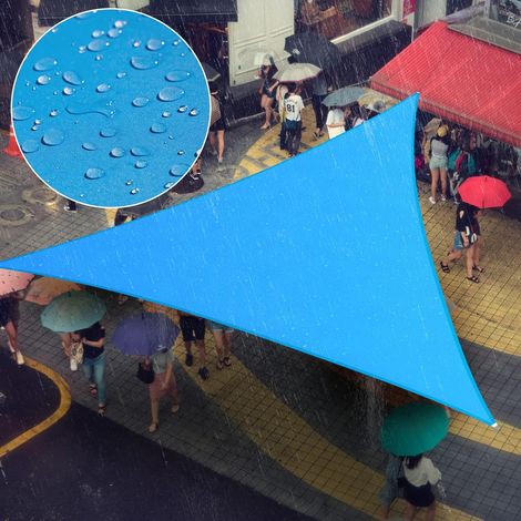 Vela de sombra triangular, 3 x 3 x 3 m, tela de poliéster para patio, terraza, jardín, impermeable y resistente a los rayos UV, azul. (1/4)