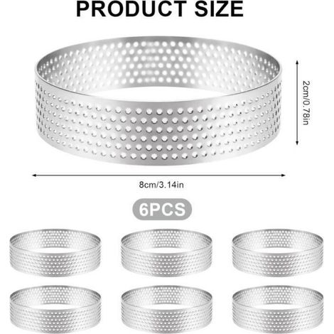 Cercle à Tarte - Inox - Lot de 6 - 8 cm - Résistant - Antiadhésif - Perforé (1/4)