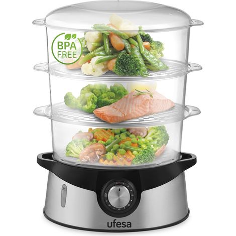 Cuiseur Vapeur 800W, 3 Plateaux Empilables, Capacité 9L, Minuterie de 60min, Inclus Bol de Riz de 1L, Sans BPA, Inox (1/5)