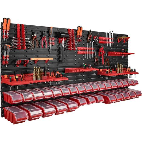 Lot de 30 boîtes de rangement empilables rouge avec couvercle, panneau porte-outil 178 x 78 cm, systeme de rangement de garage atelier, banc de travail, pour outils a main (1/5)