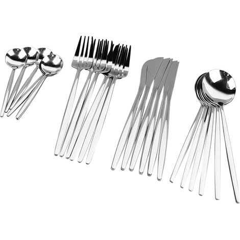Ensemble de couverts en acier inoxydable comprenant 6 cuillères à dessert, 6 cuillères, 6 couteaux et 6 fourchettes, idéal pour les restaurants et les fêtes à la maison. (1/5)