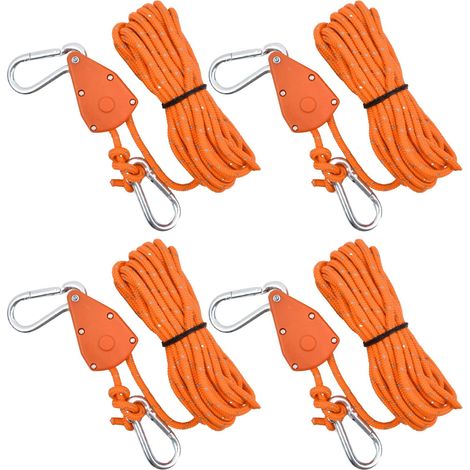 4 PCS Corde de Tente Réfléchissante, 6mm Cordon de Camping avec Poulie, Corde à Cliquet avec Crochet, Corde Nylon Escalade 5M, Tendeur de Corde a Linge Exterieur pour Randonnée, Auvent (Orange) (1/5)