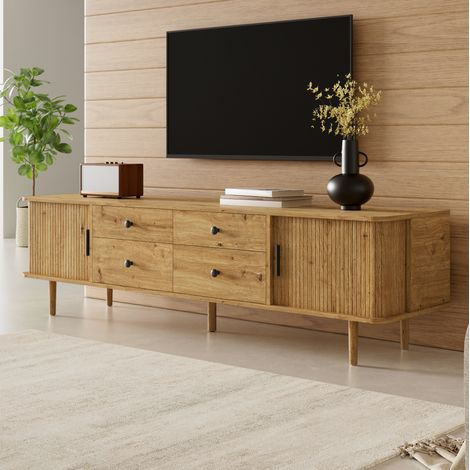 Mueble TV HAVRYA de 165 cm en MDF con 4 cajones y 2 puertas correderas, acabado madera (1/5)