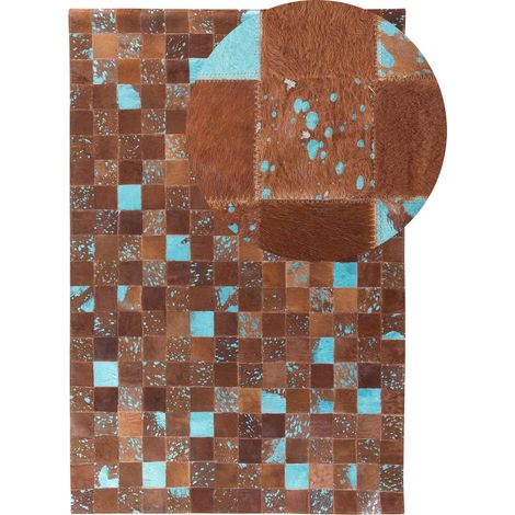 Tappeto patchwork in pelle marrone e blu - 140 x 200 cm - Aliaga