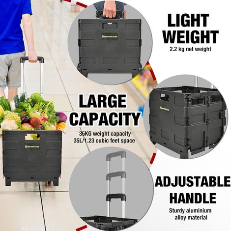 Caisse à outils, Chariot de courses pliable, capacité de 35 L, chariot de coffre avec roulettes et poignée télescopique réglable en aluminium, chariot utilitaire pliable pour le shopping, le jardin et