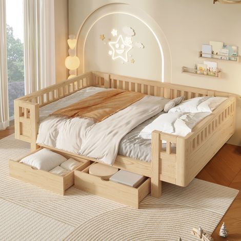 Letto a piattaforma 206x144x60 cm, con sponda di protezione, due cassetti, legno (1/5)