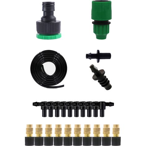 Kit d'irrigation goutte à goutte pour jardin avec adaptateur rapide, tuyau, raccord, té, buse de pulvérisation et bouchon.