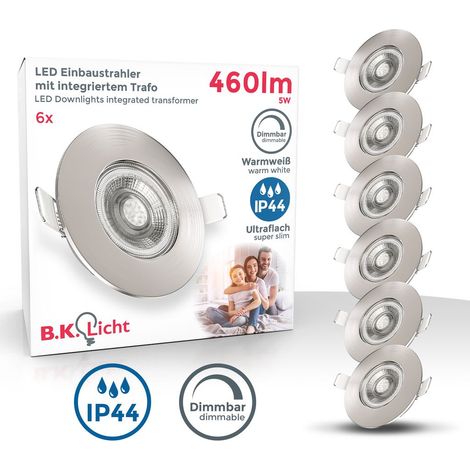 Einbaustrahler 68mm 6er Set - 230V, 4,9W, 480lm, LED, dimmbar, IP44, warmweiß, matt-nickel
