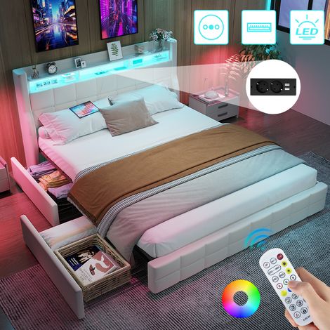Lit 140x190 avec sommier LED et USB, lit double rembourré avec sommier à Lattes et 4 Tiroirs, tete de lit avec rangement, 2 personnes pour adultes et adolescents, PU (Beige, 140 x 190 cm) (1/5)