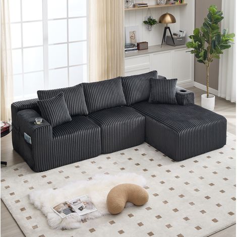 Canapé con chaise longue de pana gris modular 257x90-160x62 cm con portavasos y bolsillos laterales (1/5)