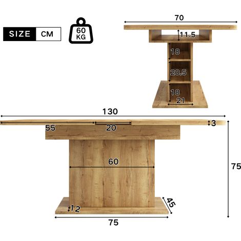 Table extensible en bois massif, L110/130 x L70 x H75 cm, table à manger rectangulaire avec rangement, style moderne et minimaliste, table de salle à manger en fer industriel, gain de place, multifonc (1/5)