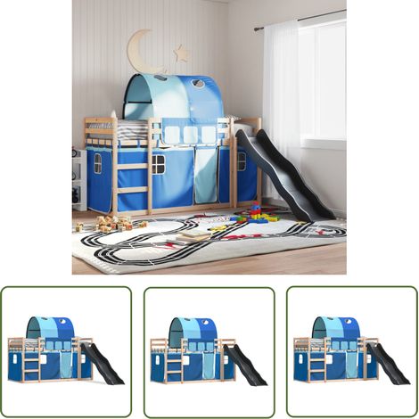 The Living Store Etagenbett mit Rutsche und Gardinen Blau 80x200 cm - Etagenbett - Hochbett - Kinderbett - Holzbett - Kiefernholz (1/5)
