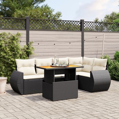 Ensemble Salon Jardin 6 Places Noir Résine Tressée avec Table Modulable et Coussins Détachables (1/3)