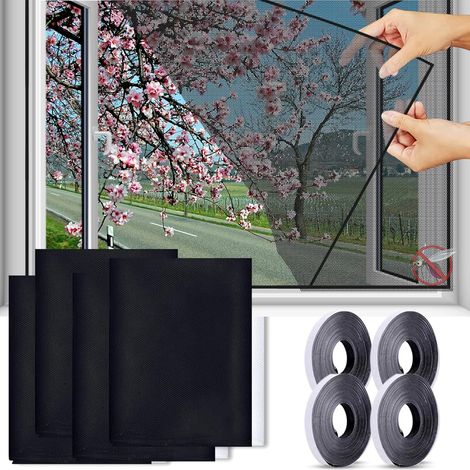 Moustiquaire Fenêtre Écran, 4 Pièces Filet Écran Insecte Fenêtre Filet Écran Fenêtre Moustiquaire Filet Avec 4 Auto Rubans Adhésifs 130 cm x 150 cm, Pour des fenêtres de différents (Noir) (1/5)