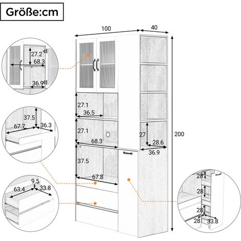 Highboard mit verstellbaren Regalböden und Schubladen, Buffetschrank mit ausziehbaren Regalböden und Riffelglas , Ideal für Esszimmer, Wohnzimmer und Küche (Weiß+Nussbaum) (1/5)