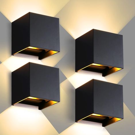 4 Pièces Applique Murale Exterieur Interieur LED, Lampe Exterieur Murale 12W Moderne Noir IP65 Lampe Murale Extérieures 3000K Réglage de l'angle d'éclairage pour Couloir Chambre [Classe énergétique F]