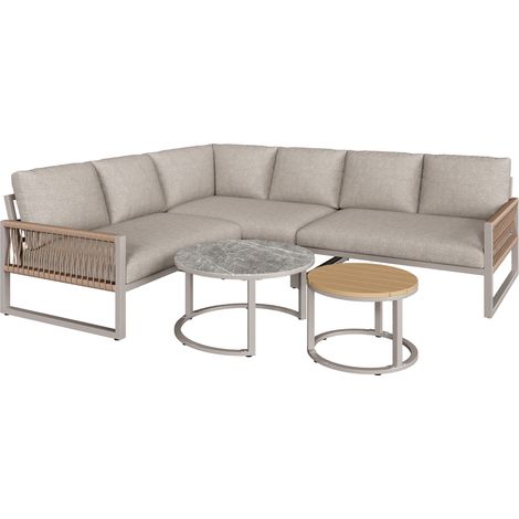Salon de jardin, ensemble de meubles pour 6-7 personnes, canapé d’angle avec structure en fer galvanisé, pieds réglables, avec coussins d’assise et de dossier inclus, beige (1/5)