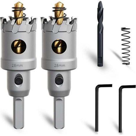 Ce kit de scie cloche en carbure de tungstène de 28 mm comprend un foret de guidage nitruré supplémentaire et une clé en L, adapté à l'acier, au fer, à l'aluminium et à d'autres métaux.