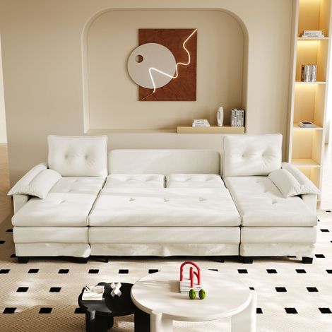 Canapé convertible U-förmig Chenille Beige 278 cm mit USB-Anschluss, abnehmbaren Armlehnen und Schlaffunktion