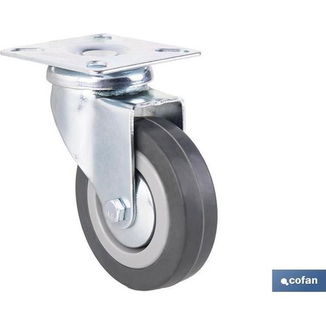 Rueda de goma gris con placa, diámetro 75 mm, soporta hasta 45 kg, uso industrial y doméstico. (1/3)