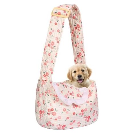 Borsa trasportino per animali domestici con stampa floreale, adatta a cani e gatti di piccola taglia, con design a mani libere (motivo floreale rosso, taglia piccola) (1/4)