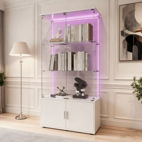 Vetrina in Vetro - Con armadio - LED - 3 Ripiani - vetrina soggiorno - Moderna - 78 x 35 x 164 cm - Bianco
