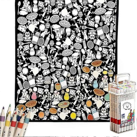 Couverture à colorier douce et confortable couverture à colorier soi-même pour adultes avec feutres inclus (1 jeu). (1/5)