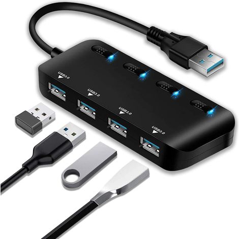 Prise USB complète，Hub USB 3.0 Multiprise, Multi 4 Ports USB Multiple Ultra Fin avec Voyants de Commutateurs d'alimentation Individuels