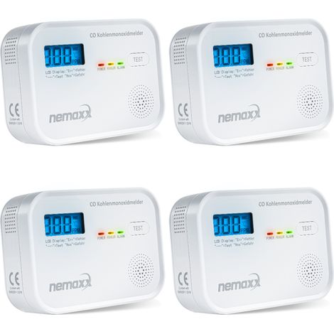 NEMAXX® CM18 Rilevatore di Monossido di Carbonio/Allarme CO con Display LCD – 85 dB, Sensore Elettrochimico, EN 50291-1:2018, Pulsante Test, 3× Batterie AA LR6, Durata del Prodotto 10 Anni – Set da 4