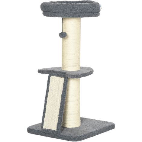 Arbre à chat avec griffoir tronc en sisal boules suspendues et plate-forme d'observation hauteur 92 cm - gris